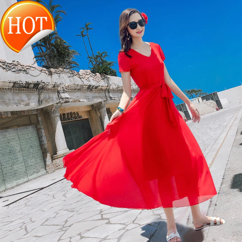 

Chiffon dress short sleeve summer Hainan Sanya blue red slim beach skirt seaside tourism holiday skirt