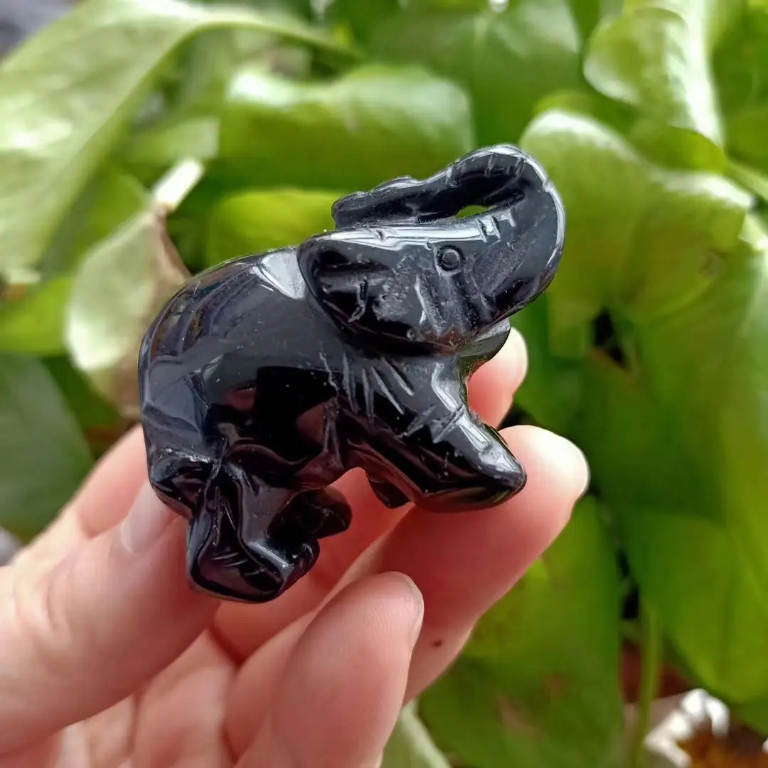 

MOKAGY Natural Obsidian Quartz Elephant Crystal Engrave Gifts 2 Inch 1pc
