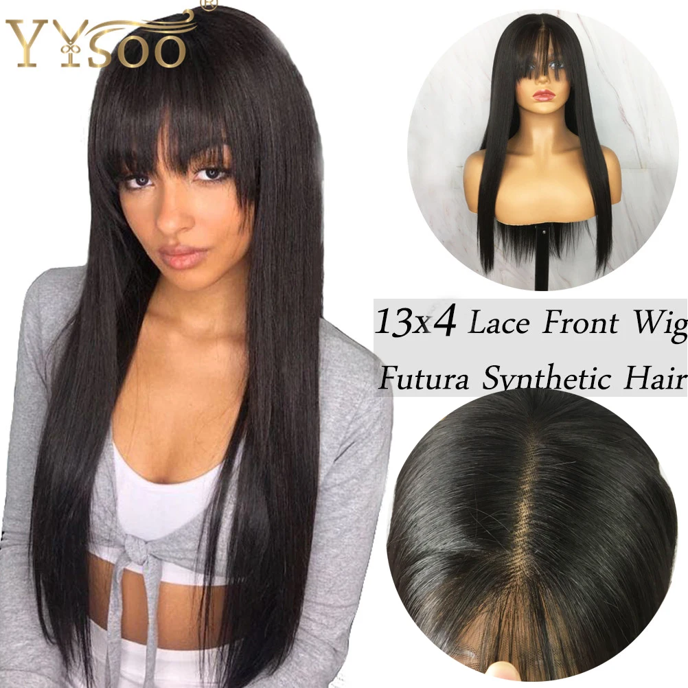 YYsoo Long13x4 Natural Black Futura Synthetic Hair Lace Front Wigs With Bangs Japan Heat Resistant Silky Straight Wig For Women