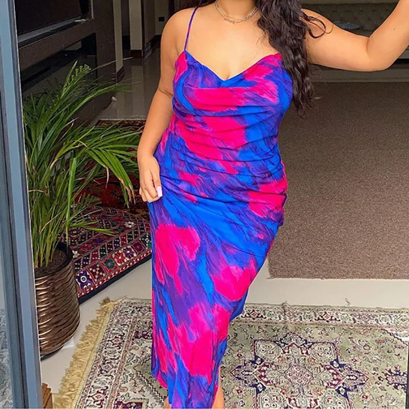 

Sexy V Neck Sling Sleeveless Vintage Red Blue Contrast Bodycon Long Dresses For Women Summer 2021 New Beach Nightclub Vestidos