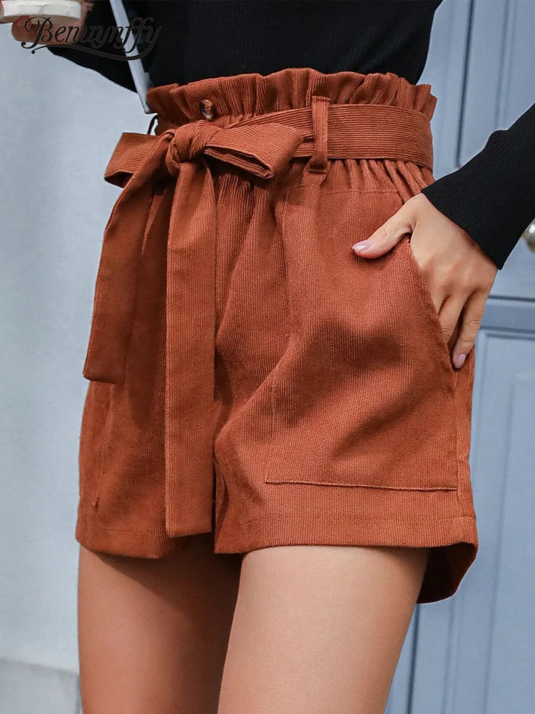 

Benuynffy Solid Button Front Belted Corduroy Shorts Women Fall Winter High Waist Fashion Loose Office Ladies Casual Shorts