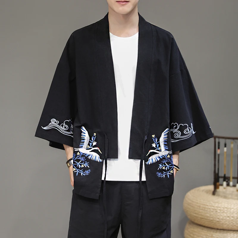 

Мужской халат в китайском стиле Taoist, кардиган с вышивкой журавлей, одежда династии ханьфу, Мужская стандартная китайская куртка