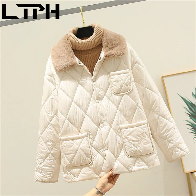 

LTPH parka jacket women loose plush lapel Argyle Splicing thicken warm Single Breasted vintage outerwear 2021 Spring Autumn New