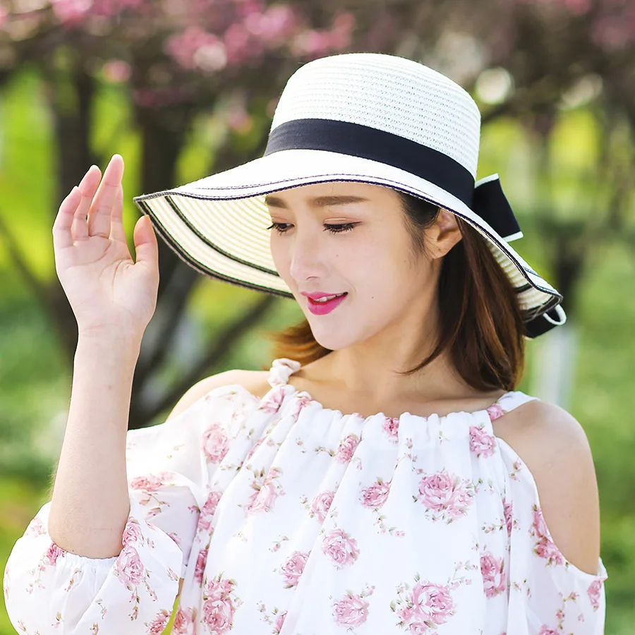 

Outdoor Folding Straw Hats Girl Summer REPELLED BY SUN Woman Beach Cap Free Size Big Brim Pure Color Mountain Climbing Travel