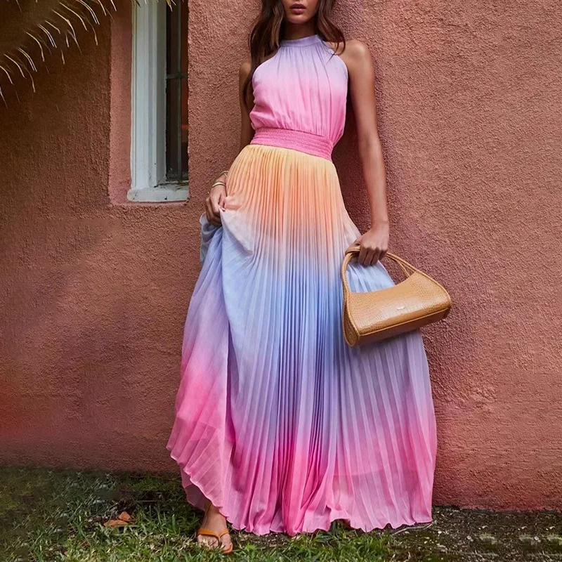 

Women Halter Summer Maxi Beach Dress Chiffon Colorblock Sleeveless High Waist Belt Pleated Long Holiday Dress