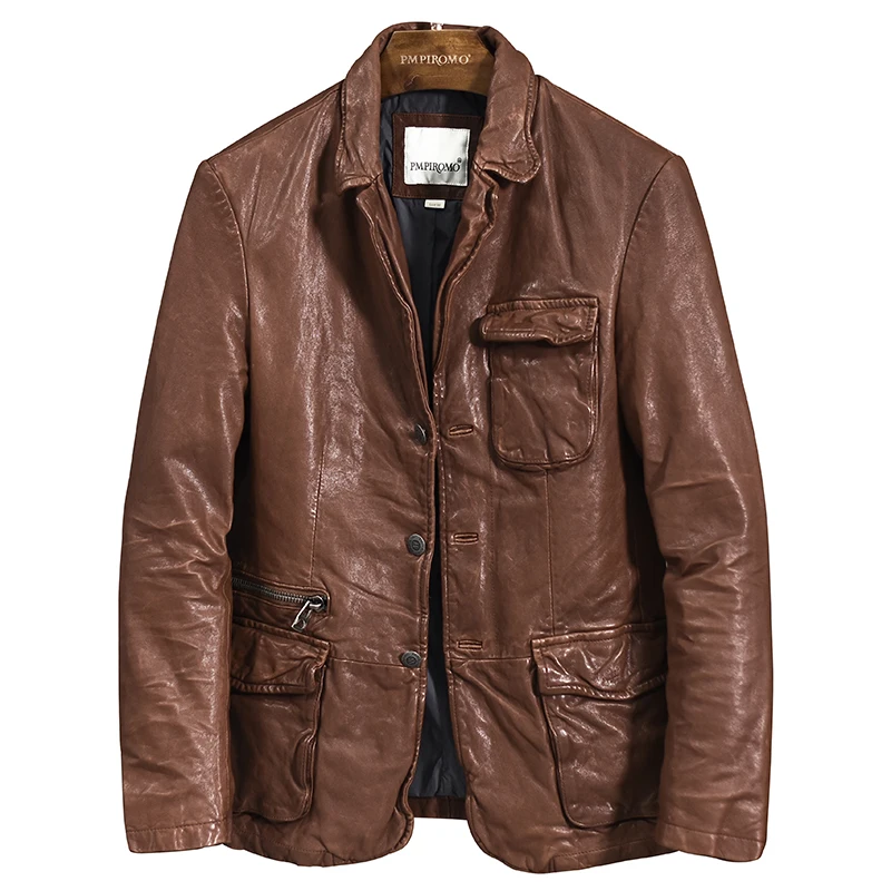 Мужской коричневый винтажный Повседневный блейзер из овечьей кожи с