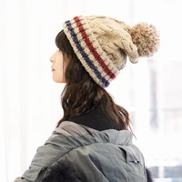 fur pompom wool winter hat for women girls striped knitted skullies beanies thick warm pom pom hat ski bonnet femme