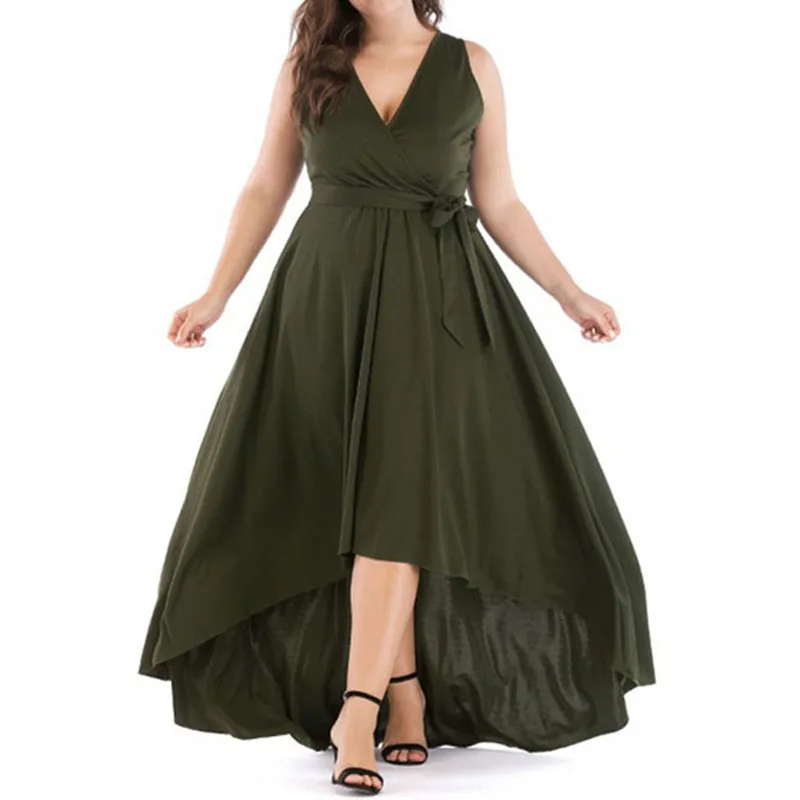 

Summer Elegant Party Dress Plus Size Women Irregular Floor Length Dresses Fashion V Neck Lace-up Slim Long Gown Dress