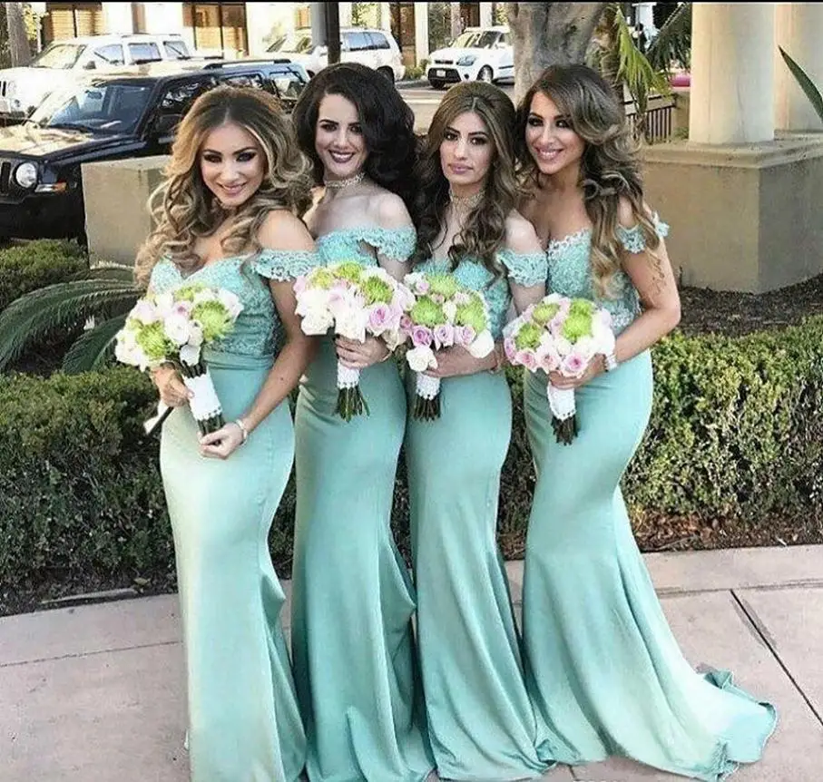 

Elegant Mint Green Mermaid Bridesmaid Dress Vintage Lace Top Off the Shoulder Wedding Guest Maid of Honor Gown Custom Made robe