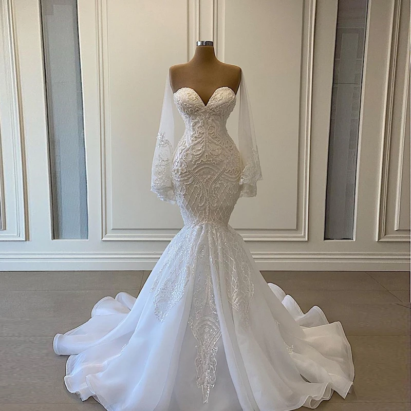 

Illusion O-neck Flare Sleeve Mermaid Beaded Wedding Dress Custom Made Embroidered Bridal Gown
