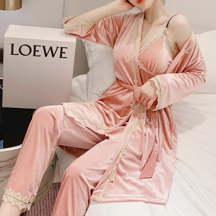 Пижамный комплект из 3 предметов кружевной женский костюм в стиле пэчворк ночная