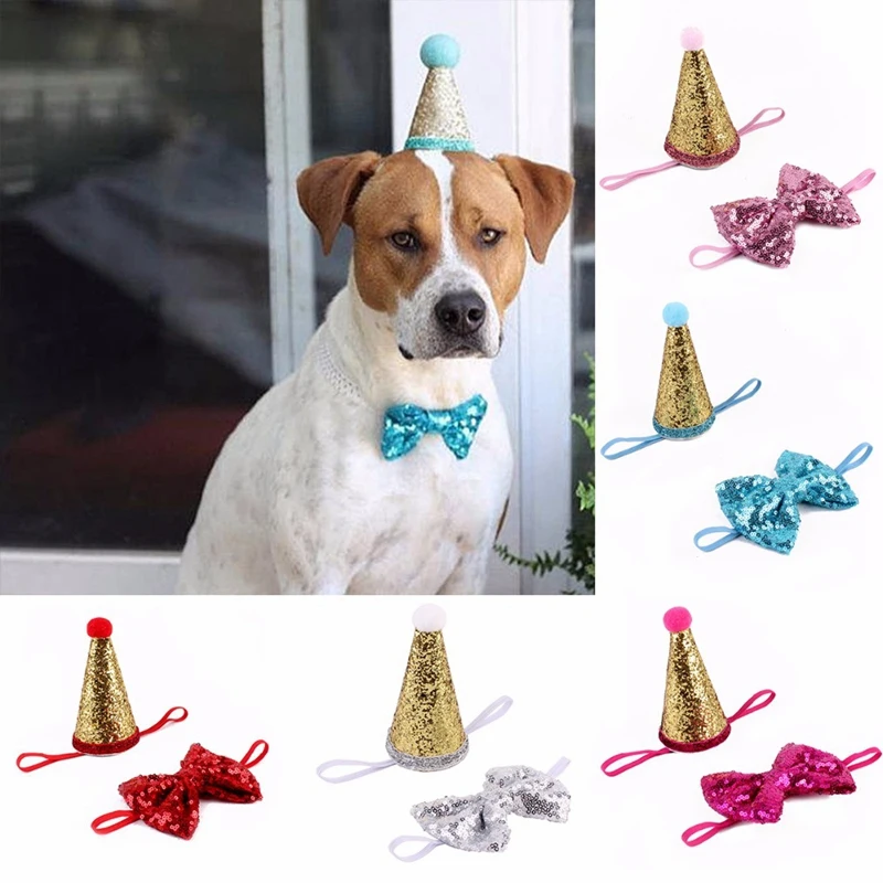 Big deal 2Pcs/Set Sequin Birthday Pet Cat Dog Cap+Bowknot Tie Costume Headwear Accessory Bowtie Collar Gentlemen Lady Style | Дом и сад