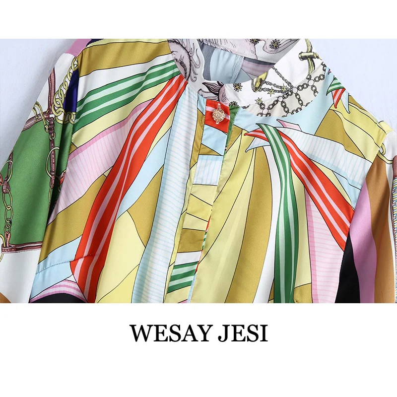 

WESAY JESI Women Dresses 2021 Fashion Chic Color Printing Long Sleeve Single Breasted V-Neck Belt Retro Ladies Mini Skirt