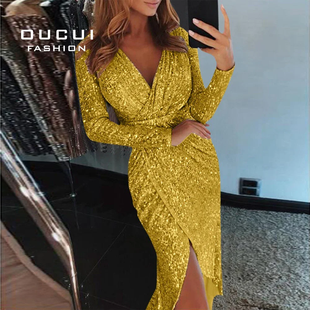 

Long Sleeve Sexy Mermaid Long Evening Dresses 2019 Champagne V Neck Formal Sequined Evening Party Prom Gowns OL103705