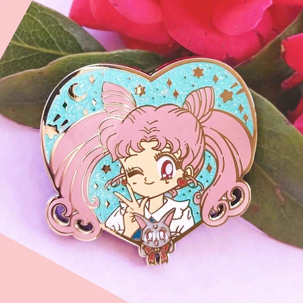 Glitter Sailor Moons Luna Cat Love Heart Enamel Pins Cute Cartoon Lapel Pin Jacket Jeans Badge Brooch Fashion Accessories