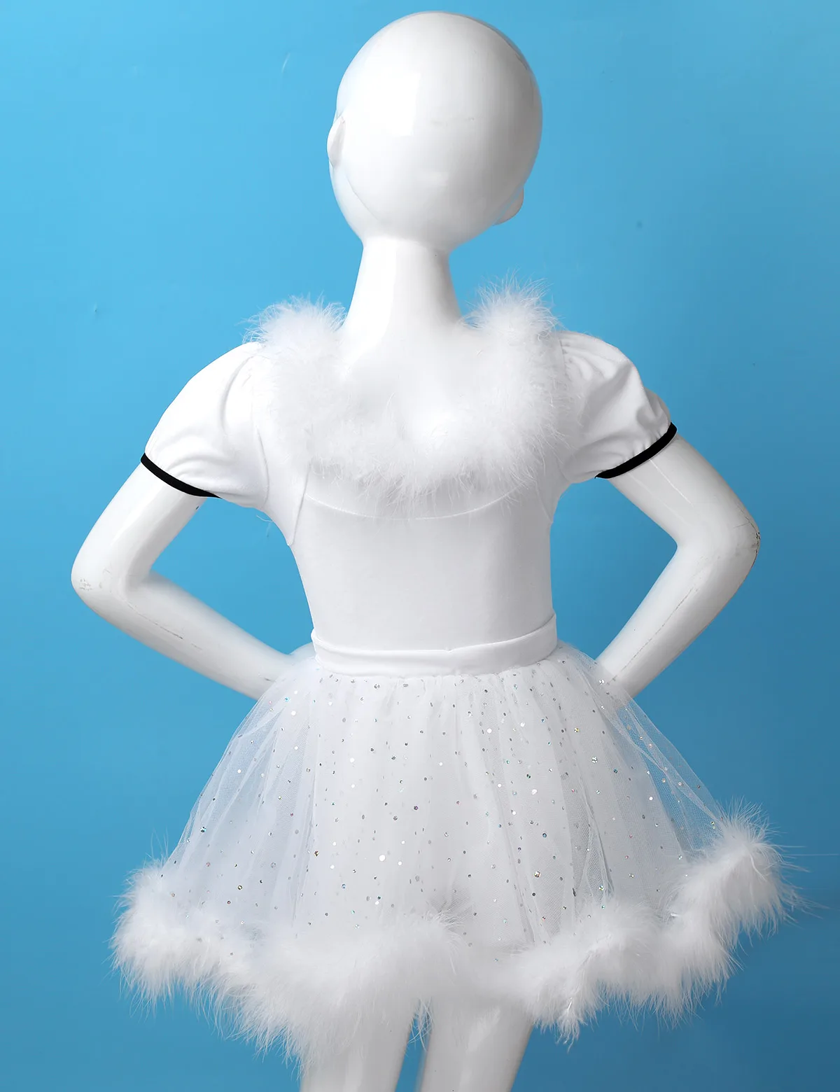 

Kids Girls Christmas Dance Costume Feather Trim Puff Sleeves Buttons Figure Skating Twirling Mesh Leotard Princess Dress