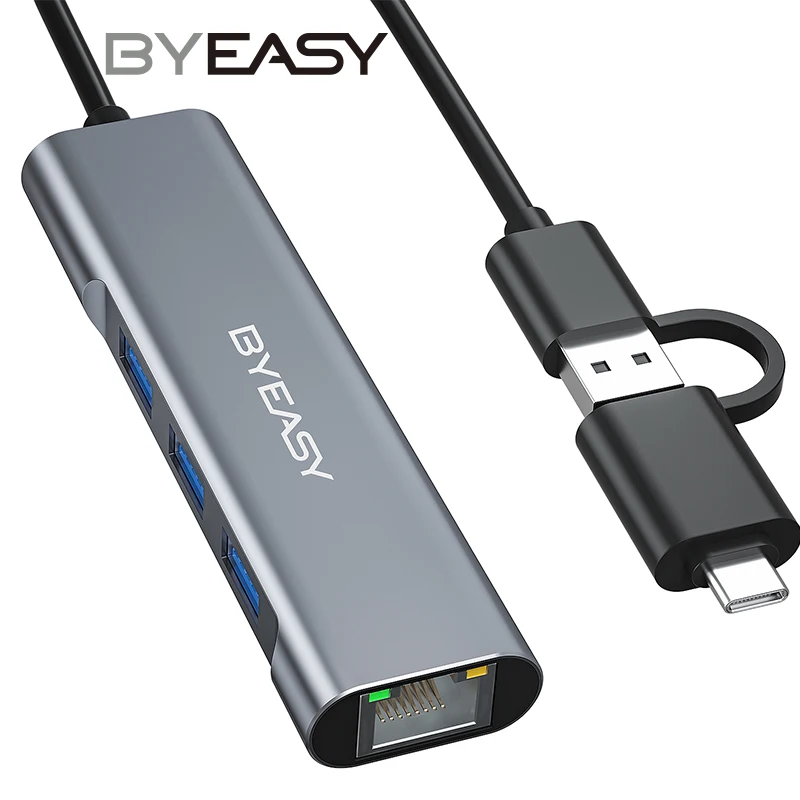 

BYEASY USB C Ethernet Rj45 Lan Adapter 3 Ports USB Type C Hub 10/100/1000Mbps Gigabit Ethernet USB 3.0 Network Card For MacBook