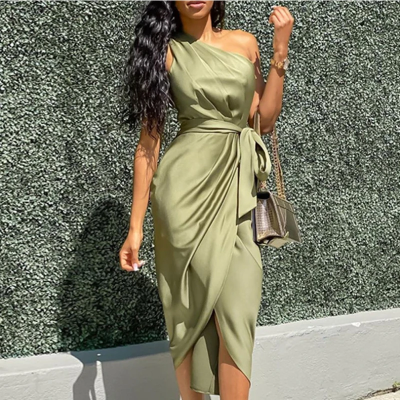

Ladies Summer Solid Color One-shoulder Oblique Collar Sleeveless Long Dress Sexy Strapless High Waist Belt Split Party Dress Hot