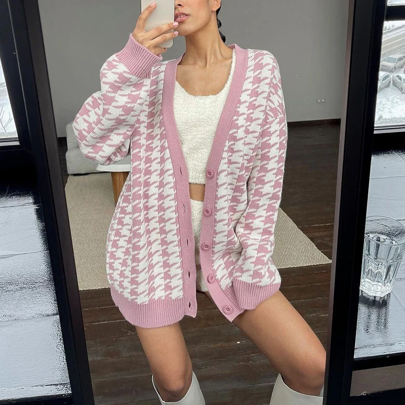 

Вязаный кардиган SHZQ с V-образным вырезом, свитер, розовый кардиган с рисунком «гусиные лапки», свитер с длинным рукавом, модный осенний джемп...