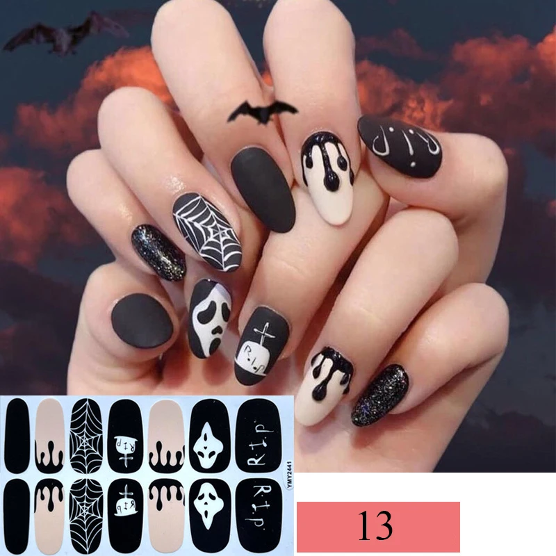 

14 Tips Halloween Nail Stickers Pumpkin Skeleton Wraps Waterproof Full DIY Manicure Accessories Stickers For Nails False Nails