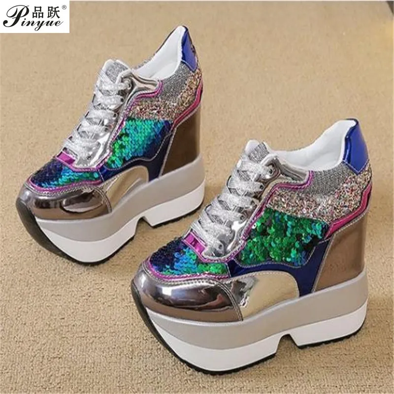 size 34 40 New arrival Autumn Fashion casual shoes women High Platform Shoes 13 cm thick soled female Trainers Gold Silver