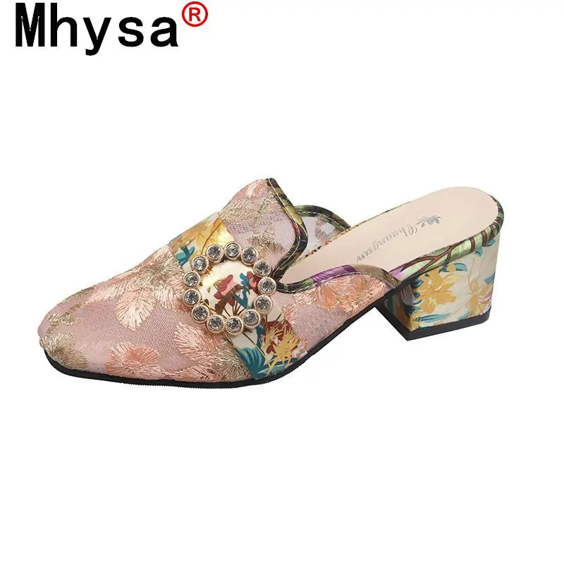 

Retro Square High Heel Women Slippers Flower Embroidery Summer Shoes Fashion Platform Sandals Comfortable Casual Women's Shoes