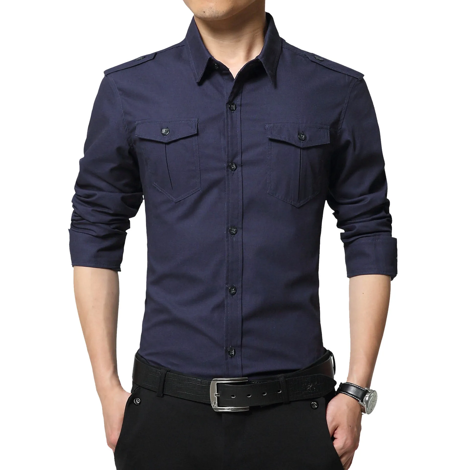 

New men's military style men's long sleeve Slim Fit Shirt Men's long sleeve cotton men's shirt with epaulets double pockets