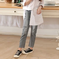10 12 years girls gray color ripped capri jeans teen trousers elastic waist casual pants