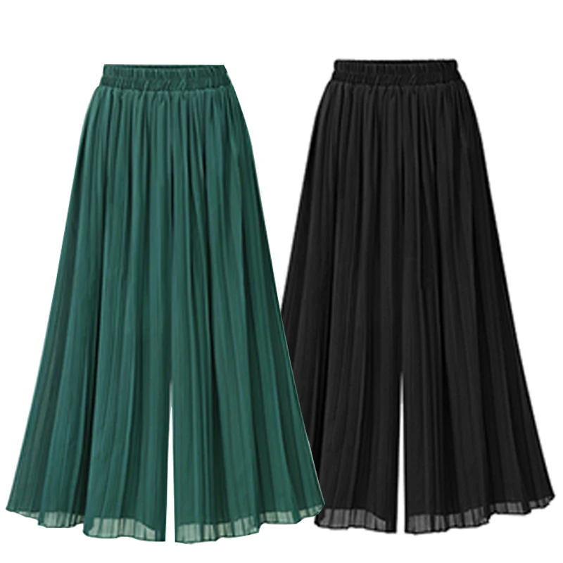 

2021 Summer European Style Pleated Women Wide Leg Pants Loose Chiffon Boho Female Length Pant Elastic Waist Trousers Plus Size