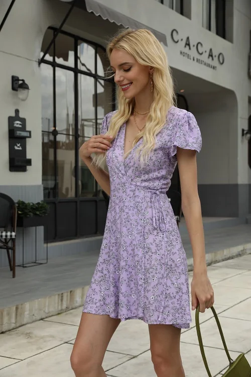 

2020 Summer Woman Dress Boho Floral V Neck Chiffon Mini Dress Casual Holiday Beach Sexy Waist Straps Dresses for Women S/M/L/XL