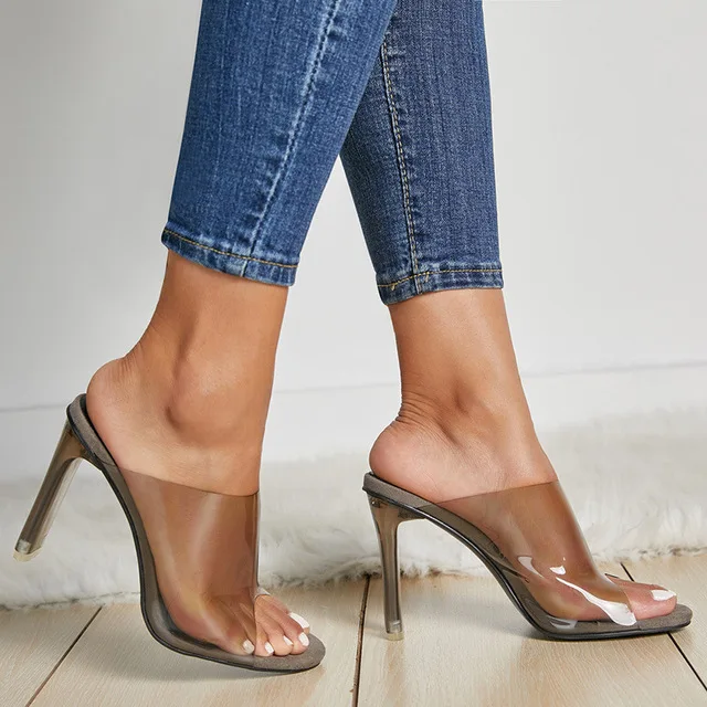 

Hot Sale Womens Peep Toe Clear Transparent PVC Kitten High Heel Slipper Slingbacks Shoes Crystal Slides Sexy Plus Size New 2021