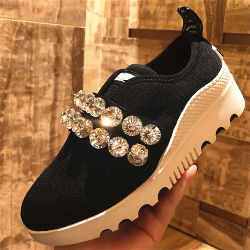 Crystal Bling Shoes Woman Platform Bottom Wedges Zapatos De Mujer Round Toe Slip-on Women Shoes Hot Runway Flat Sneakers Women - Цвет: AS SHOW