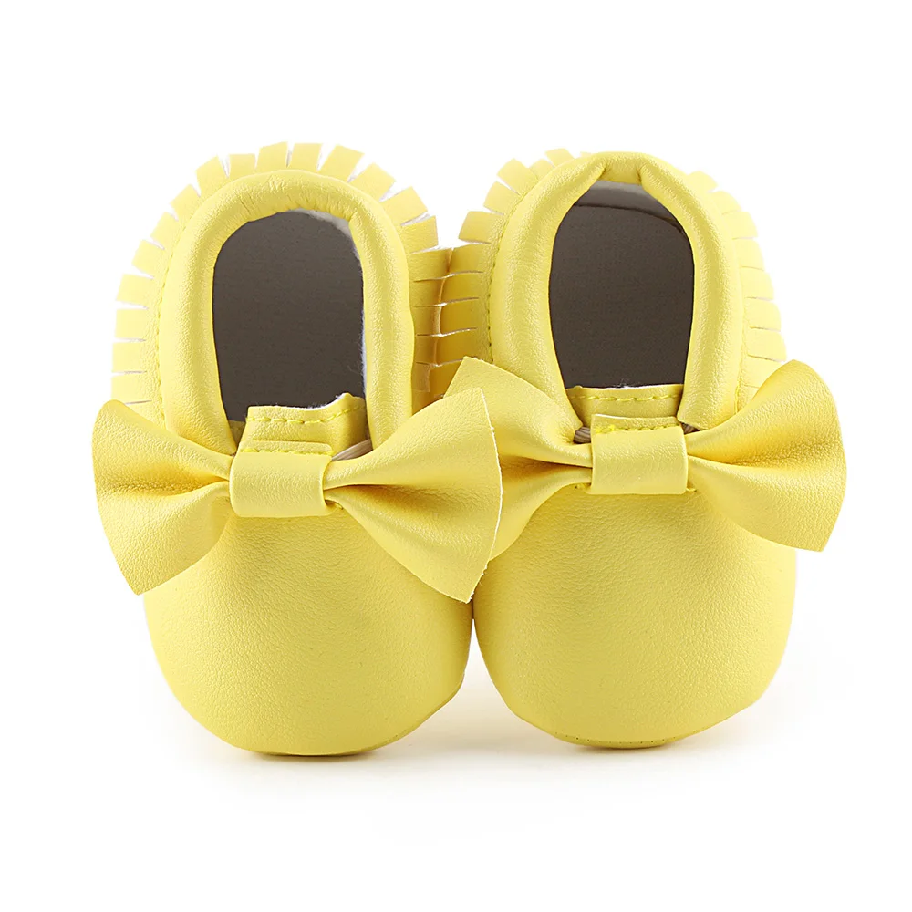 light yellow Детская обувь для новорожденного мальчика Девочки Первые ходунки ПУ подошва принцесса Бант Повседневные детские Мокасины детская кроватка обувь - Цвет: light yellow