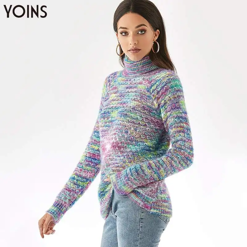 Женский свитер YOINS разноцветный вязаный с высоким воротом и длинными рукавами
