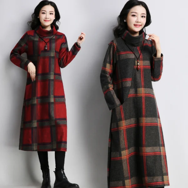 Длинный рукав хлопок шерстяной Хлопок Плюс Размер винтажный плед женское осенне