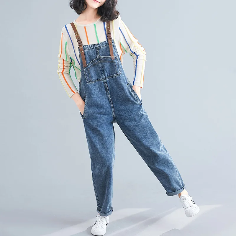 Повседневный вымытый джинсовый комбинезон в европейском стиле больших размеров