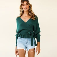 solid long sleeve slim sweater women autumn deep v neck sexy bandage knitted tops female elegant fashion chic short sweaters