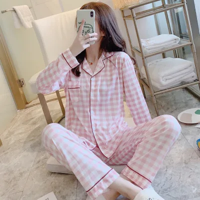 Pajamas Women's Long Sleeve Classic Lattice Spring and Autumn Korean Printing Casual Thin Cardigan Two Piece Suit Sleep Tops