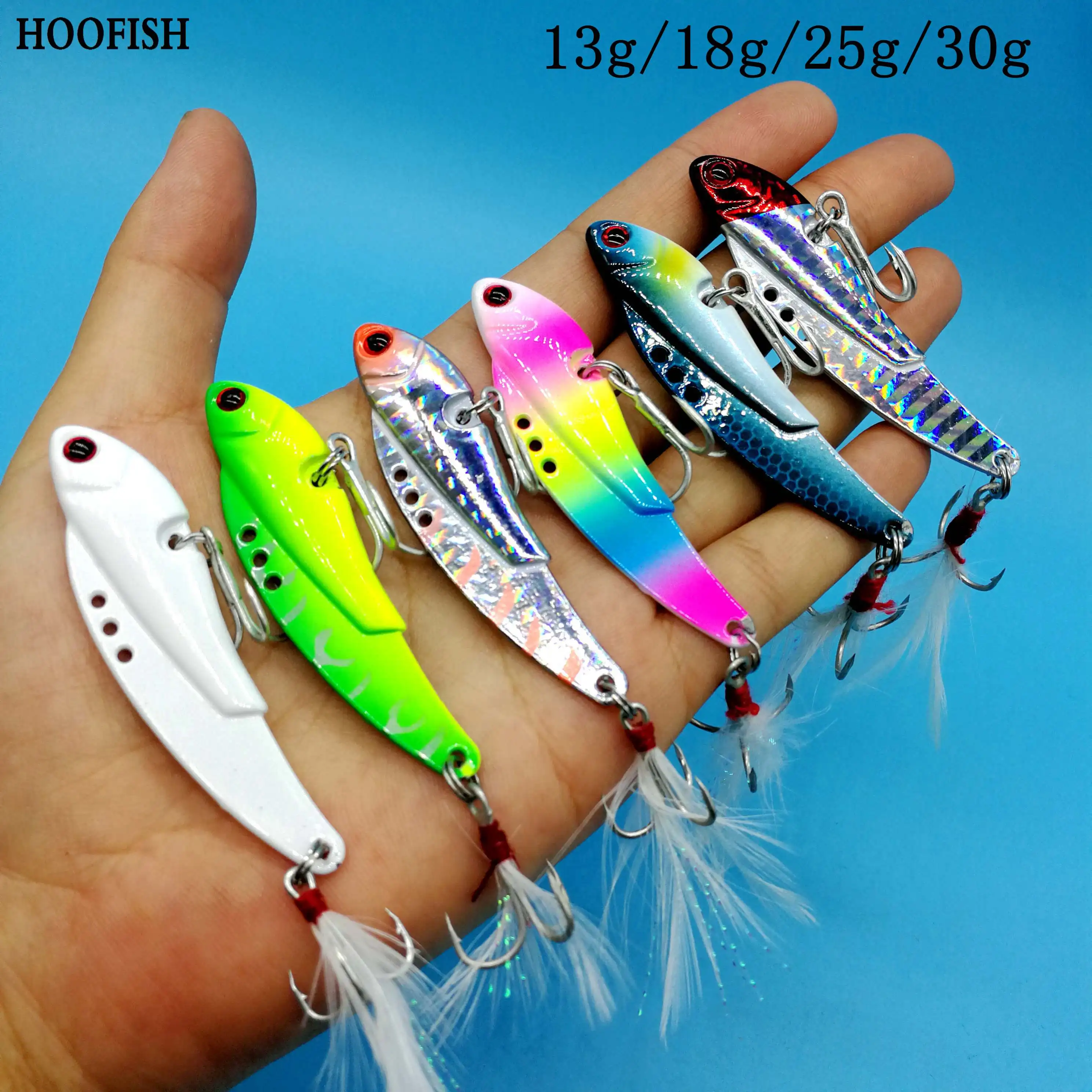 HOOFISH 12PCS/LOT Metal Fishing Lure Jig  Bait 13g/18g/25g/30g  Vibration Spoon HardBait With Feather Hooks Wobbler Swimbait VIB
