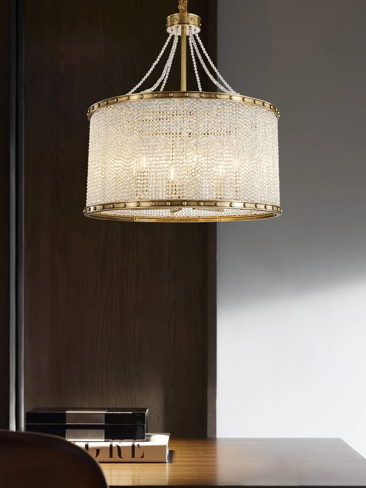 

Light luxury crystal chandelier all copper round warm and romantic bedroom dining room living room chandelier