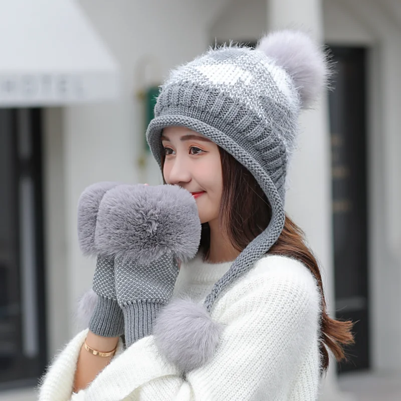 Новинка 2019 женская вязаная шапка и перчатки из кроличьего меха толстые теплые