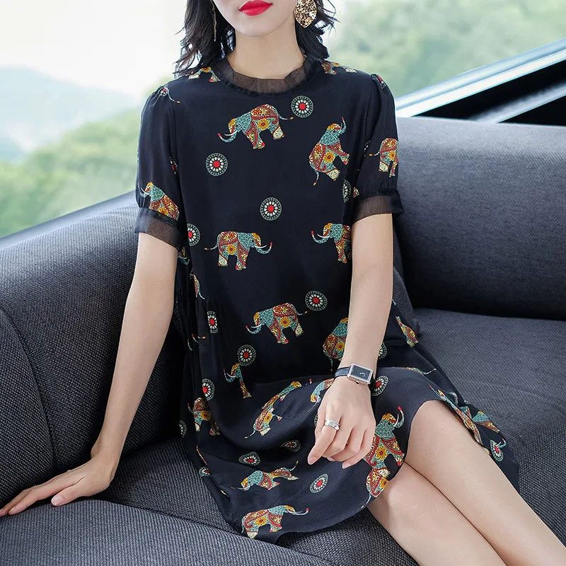 

Flower loose slimming silk dress short-sleeved 100% mulberry silk dress