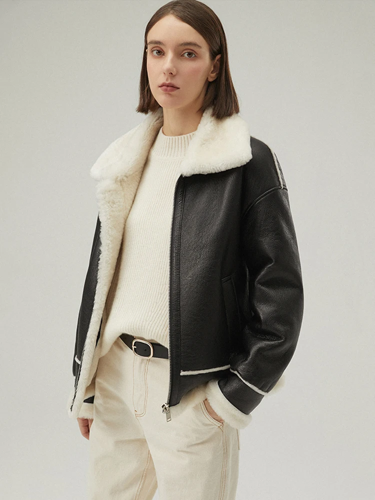 New Womens Shearling Jacket Black Leather Jacket Short Fur Coat Thicken Winter Jacket Wool Coat