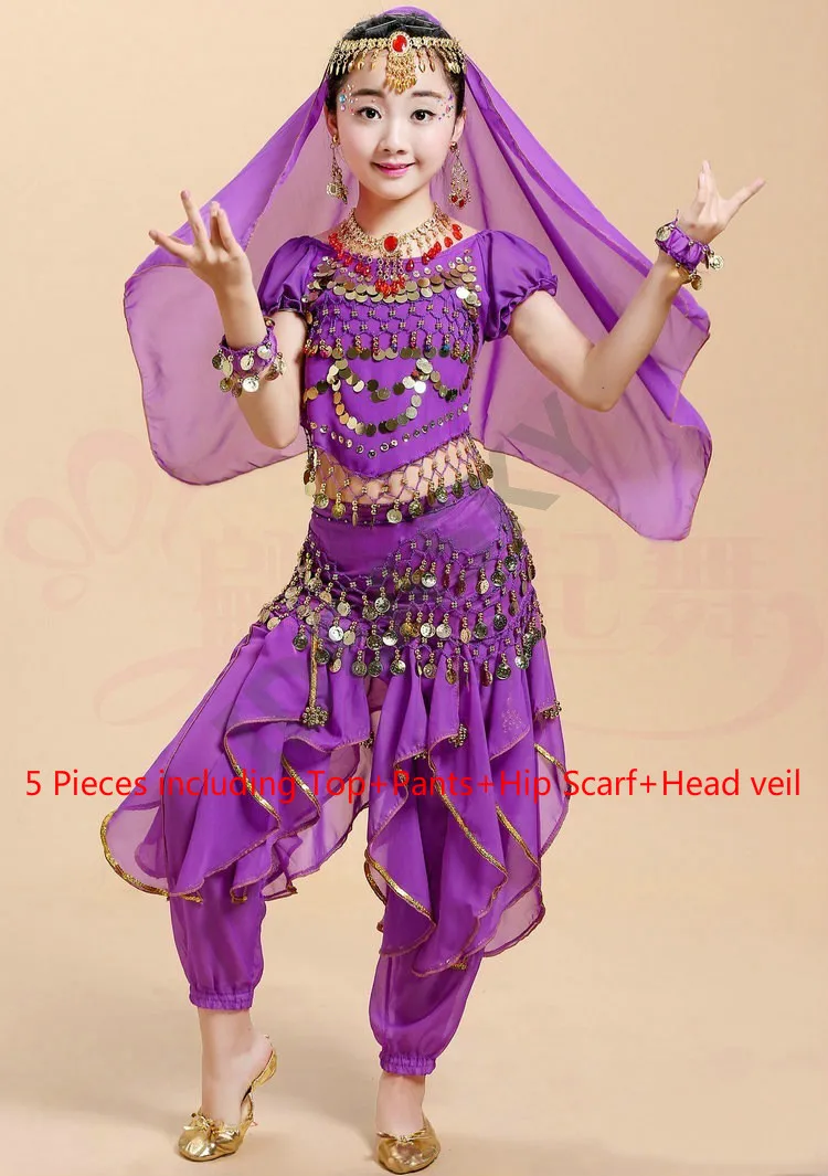 Purple5pcs Арабский танец живота с блестками, профессиональный костюм для танца живота, детские костюмы, Детский костюм, комплект для взрослых и детей, топ, штаны - Цвет: Purple5pcs