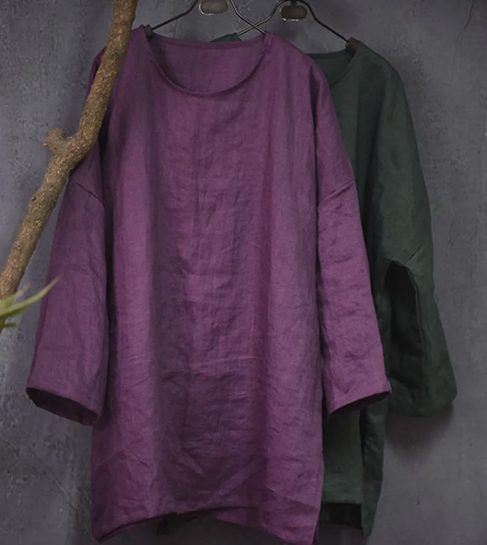 

Original Cotton, Linen, Medium Length T-shirt, Women's Loose Art, Spring And Autumn Long Sleeve Round Neck Top