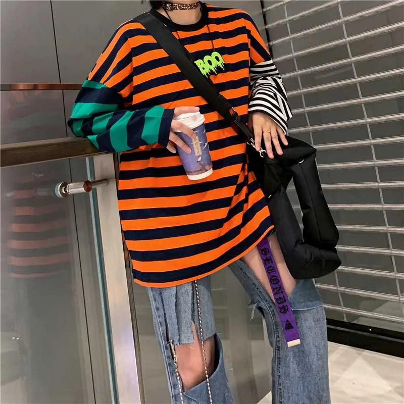 31510orange red NiceMix Harajuku/футболка с принтом тыквы и буквами; Поддельные 2 штуки; Лоскутная Повседневная футболка с длинными рукавами; женская и Мужская Уличная одежда; топы - Цвет: 31510orange red