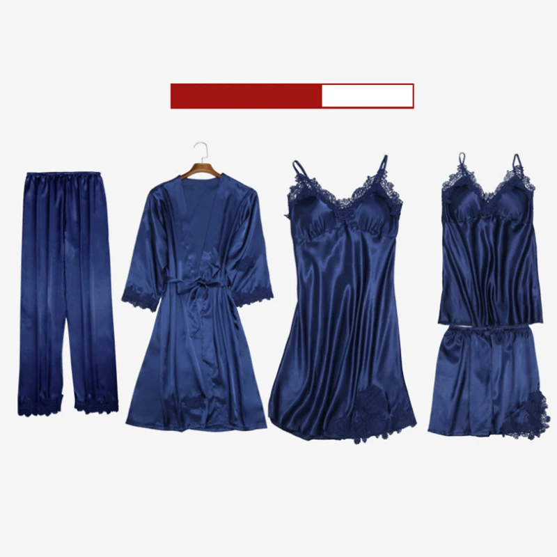 Пижама женская атласная из искусственного шелка комплект 5 предметов домашняя