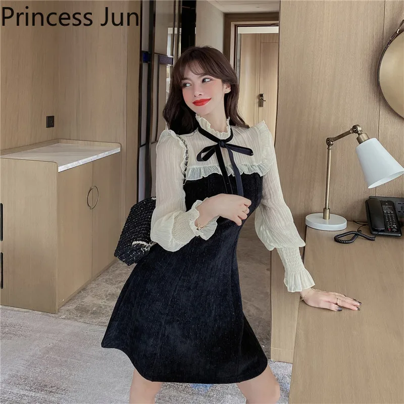 

Sweet Bow Tie Lotus Leaf Stand Collar Waist Slim Dress Mesh Stitching Black Mini A Line Dress Elegant Pink Party Dress Vestidos