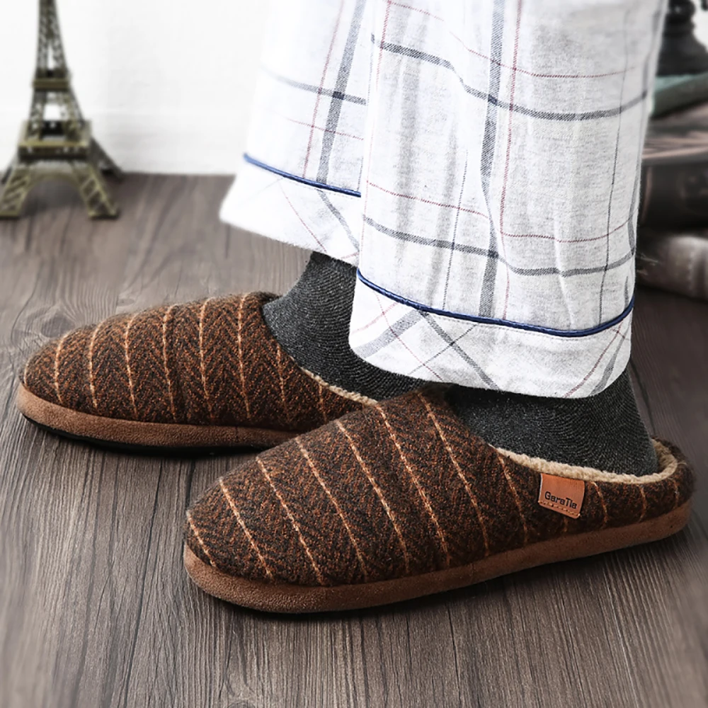 Мужские плюшевые домашние тапочки с эффектом памяти винтажные полосатые без