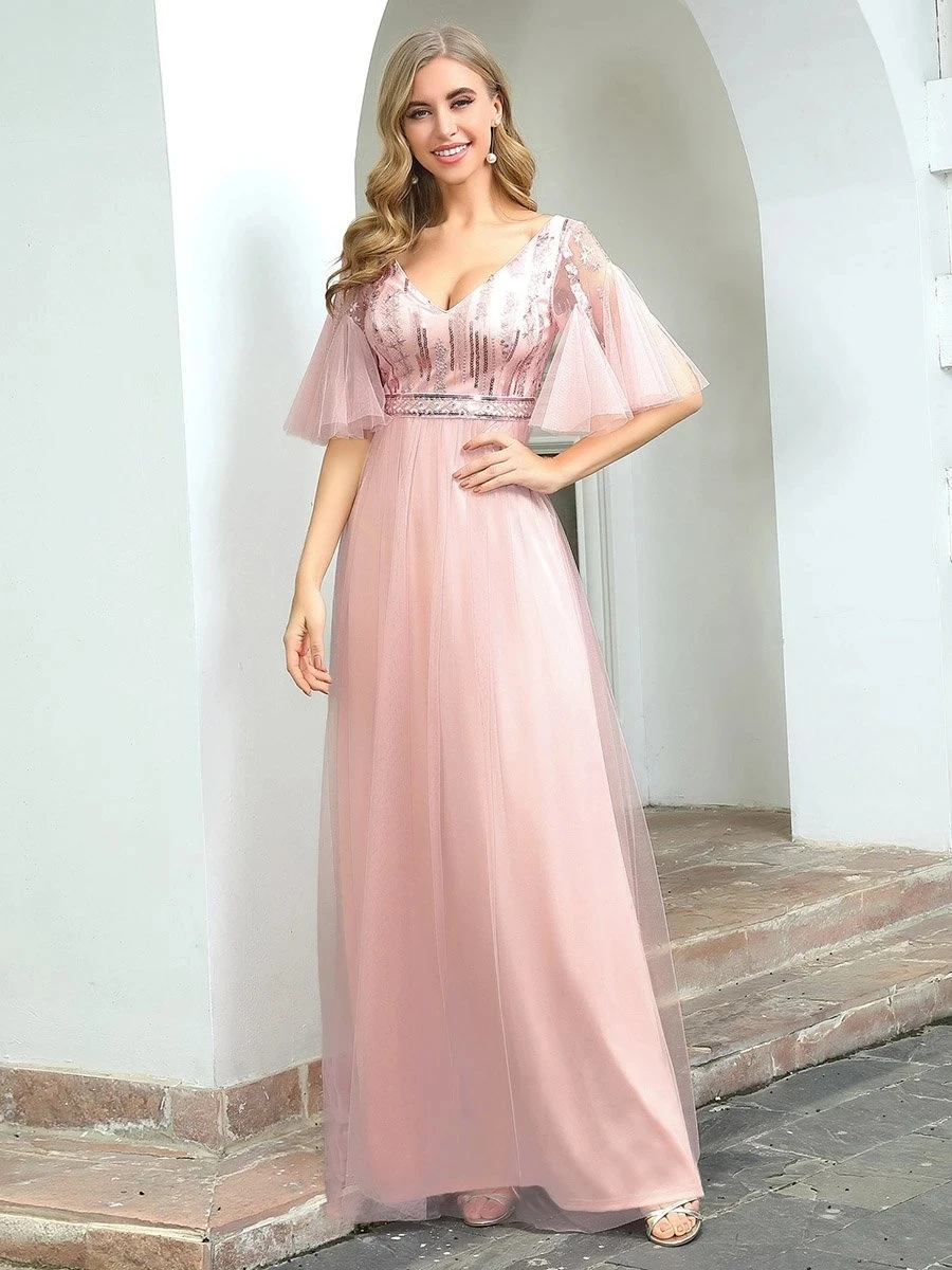 

Cute V-neck Short Ruffled Sleeves Wholesale Bridesmaid Dress with Sequin